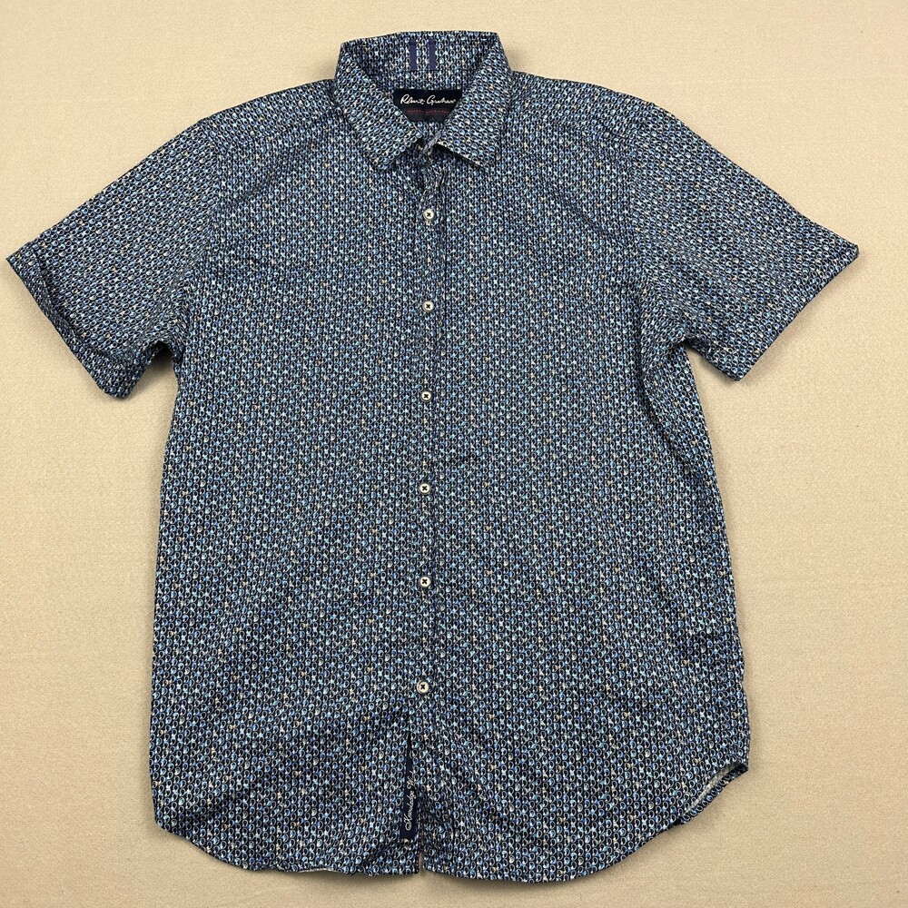 Robert Graham Shirt Men Medium Blue Geometric Tailored Short Sleeve Button Up M